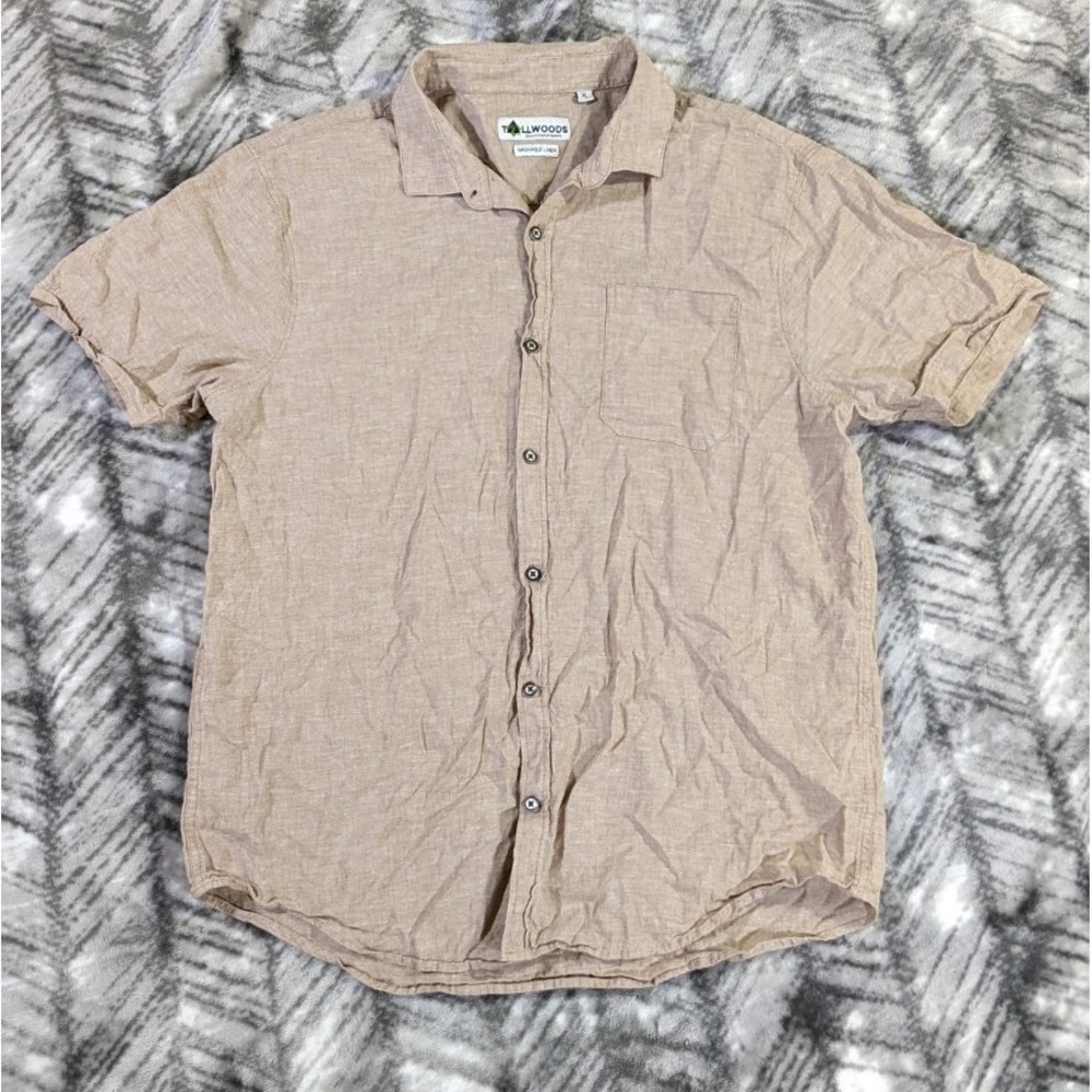 Tallwoods Mens XL Washable Linen Cotton Blend Beige Button Short Sleeve Shirt